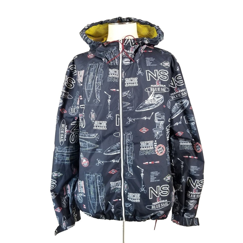 Nautica Jacket‎ Windbreaker Mens XL Full Zip Hood Navy Y2K Rain Wind Sailing